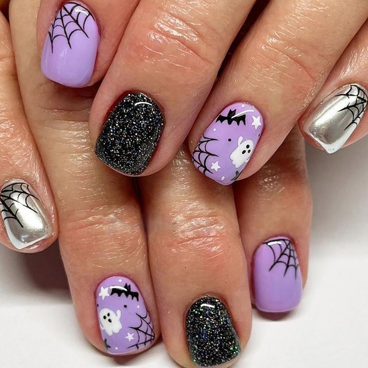 Halloween Press-On Nails – Bat, Spider Web & Ghost Design, 24pc