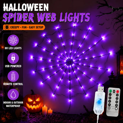 Halloween Spider Web String Lights 70LED Waterproof Net Light Remote USB Powered Horror Party Yard Window Decor Light
