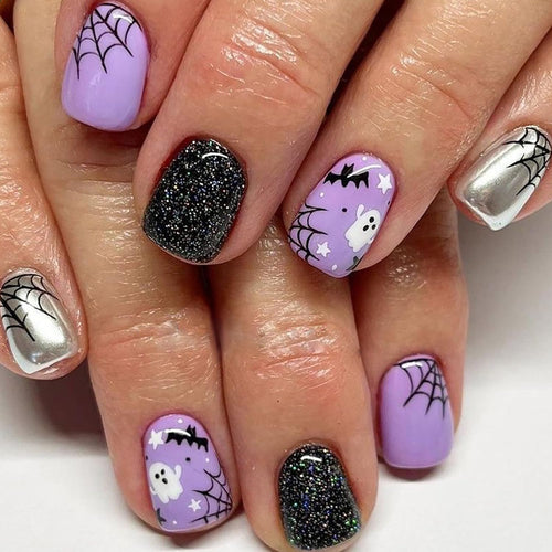 Halloween Press-On Nails – Bat, Spider Web & Ghost Design, 24pc