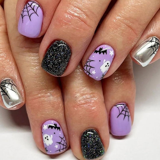 Halloween Press-On Nails – Bat, Spider Web & Ghost Design, 24pc