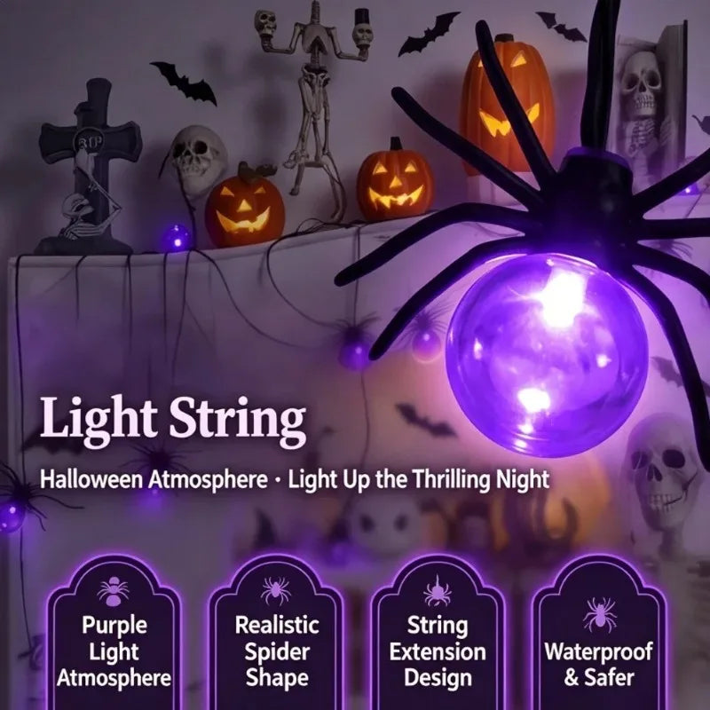 Battery Powered Spider LED String Lights, Halloween Outdoor Decorations for Yard Garden Party