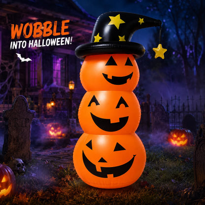Halloween Inflatable Pumpkin Stack Decoration with Witch Hat Lighted Outdoor Yard Porch Party Decor