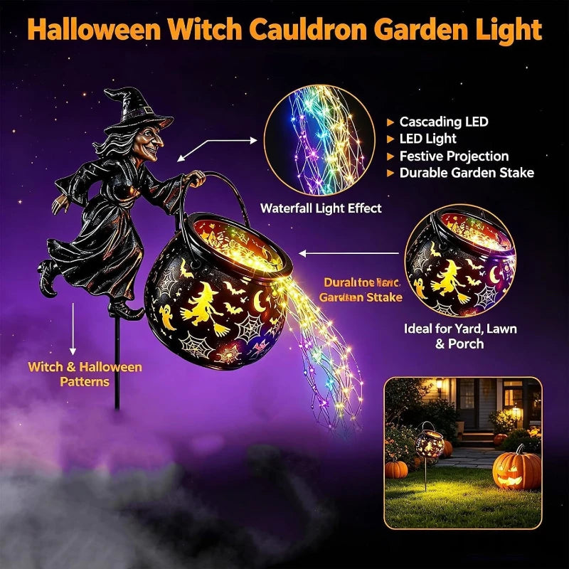 Flying Witch Garden Stake with Glowing Cauldron, Waterfall Light Effect, Halloween  Outdoor for Yard Lawn Pathway Porch Patio