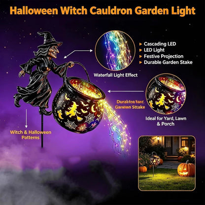 Flying Witch Garden Stake with Glowing Cauldron, Waterfall Light Effect, Halloween  Outdoor for Yard Lawn Pathway Porch Patio