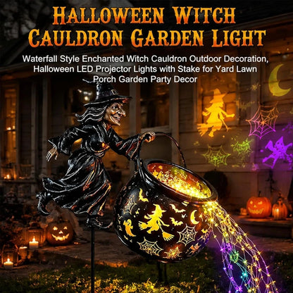 Flying Witch Garden Stake with Glowing Cauldron, Waterfall Light Effect, Halloween  Outdoor for Yard Lawn Pathway Porch Patio