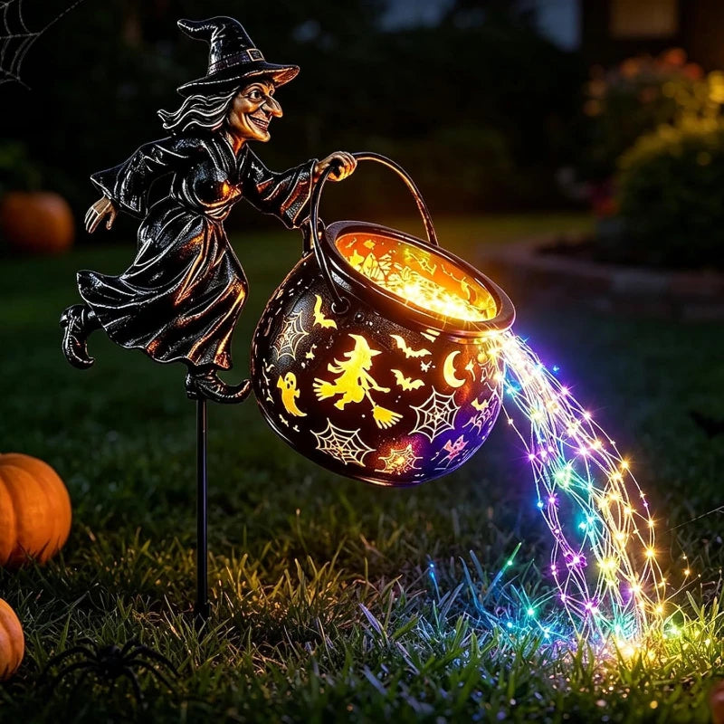 Flying Witch Garden Stake with Glowing Cauldron, Waterfall Light Effect, Halloween  Outdoor for Yard Lawn Pathway Porch Patio