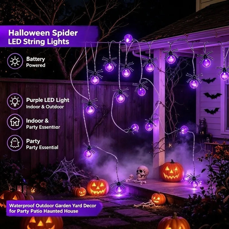 Battery Powered Spider LED String Lights, Halloween Outdoor Decorations for Yard Garden Party
