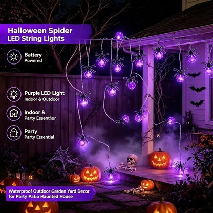 Battery Powered Spider LED String Lights, Halloween Outdoor Decorations for Yard Garden Party