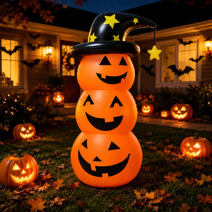 Halloween Inflatable Pumpkin Stack Decoration with Witch Hat Lighted Outdoor Yard Porch Party Decor