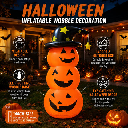 Halloween Inflatable Pumpkin Stack Decoration with Witch Hat Lighted Outdoor Yard Porch Party Decor