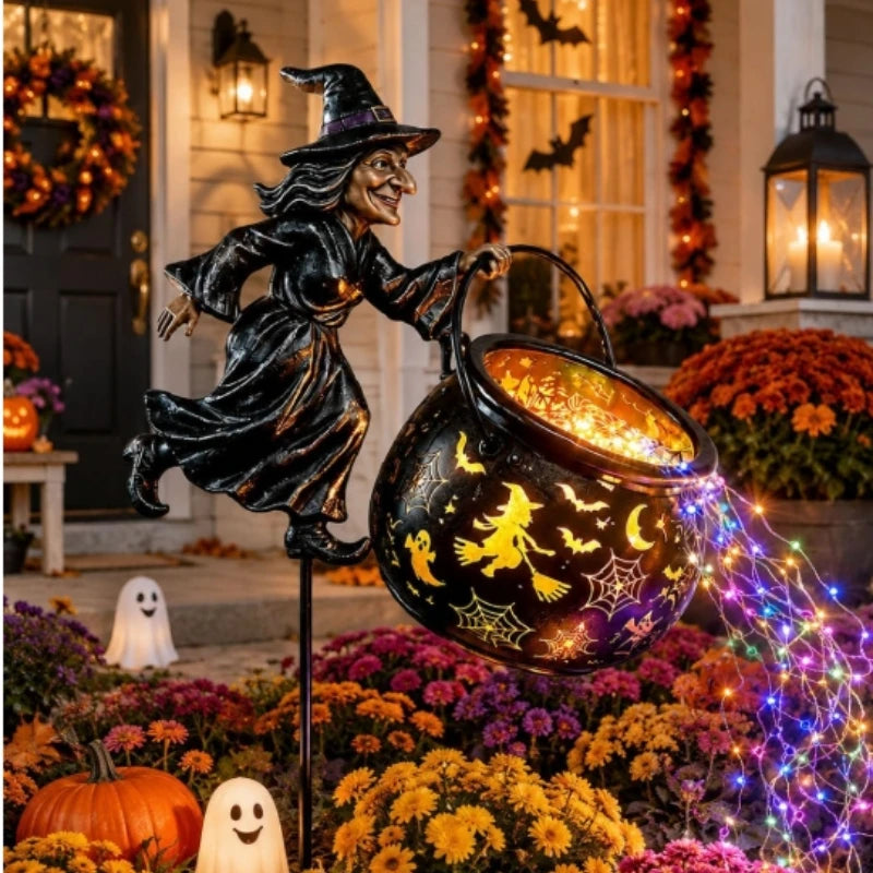 Flying Witch Garden Stake with Glowing Cauldron, Waterfall Light Effect, Halloween  Outdoor for Yard Lawn Pathway Porch Patio