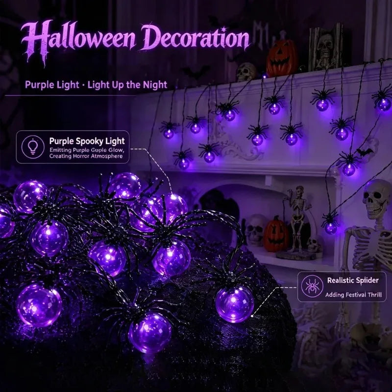 Battery Powered Spider LED String Lights, Halloween Outdoor Decorations for Yard Garden Party
