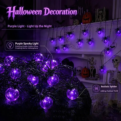 Battery Powered Spider LED String Lights, Halloween Outdoor Decorations for Yard Garden Party