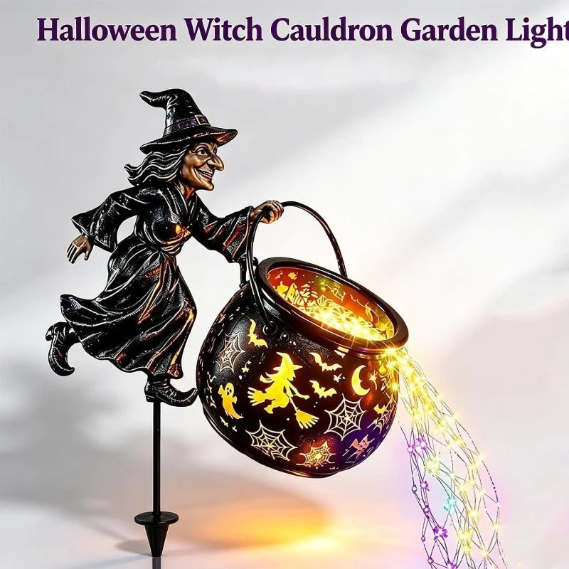 Flying Witch Garden Stake with Glowing Cauldron, Waterfall Light Effect, Halloween  Outdoor for Yard Lawn Pathway Porch Patio