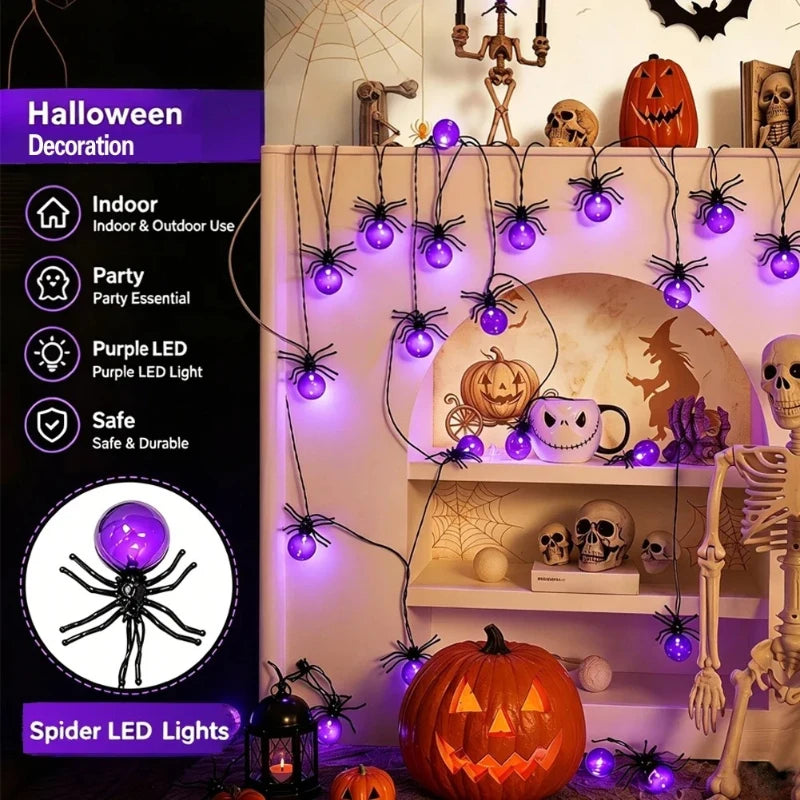 Battery Powered Spider LED String Lights, Halloween Outdoor Decorations for Yard Garden Party