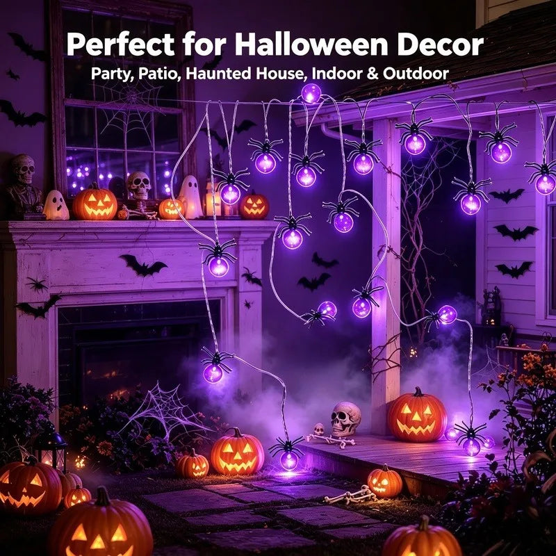 Battery Powered Spider LED String Lights, Halloween Outdoor Decorations for Yard Garden Party