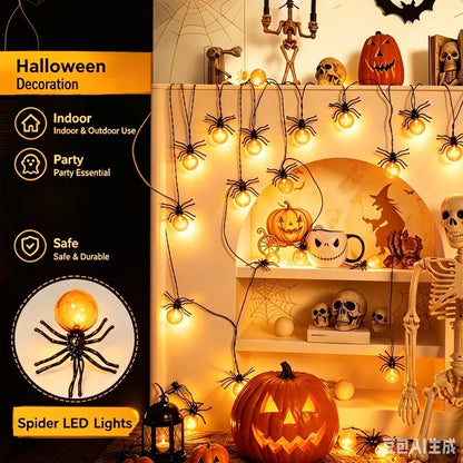 Battery Powered Spider LED String Lights, Halloween Outdoor Decorations for Yard Garden Party
