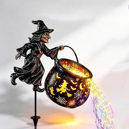 Flying Witch Garden Stake with Glowing Cauldron, Waterfall Light Effect, Halloween  Outdoor for Yard Lawn Pathway Porch Patio