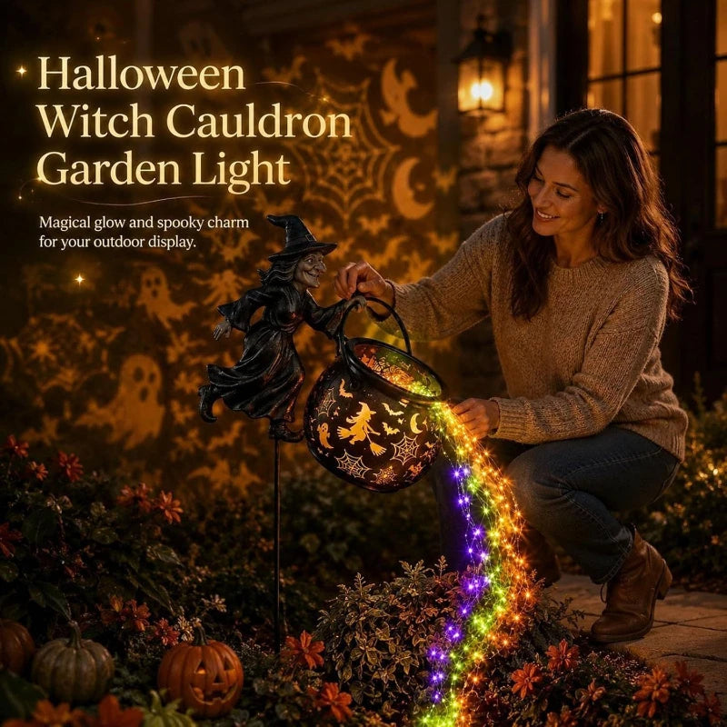 Flying Witch Garden Stake with Glowing Cauldron, Waterfall Light Effect, Halloween  Outdoor for Yard Lawn Pathway Porch Patio